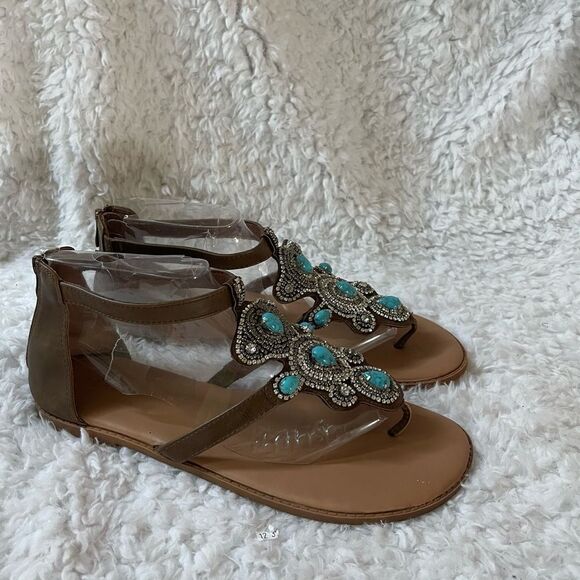 Torrid Brown T strap thong sandals turquoise & rhinestones accents size 13 - Picture 3 of 11